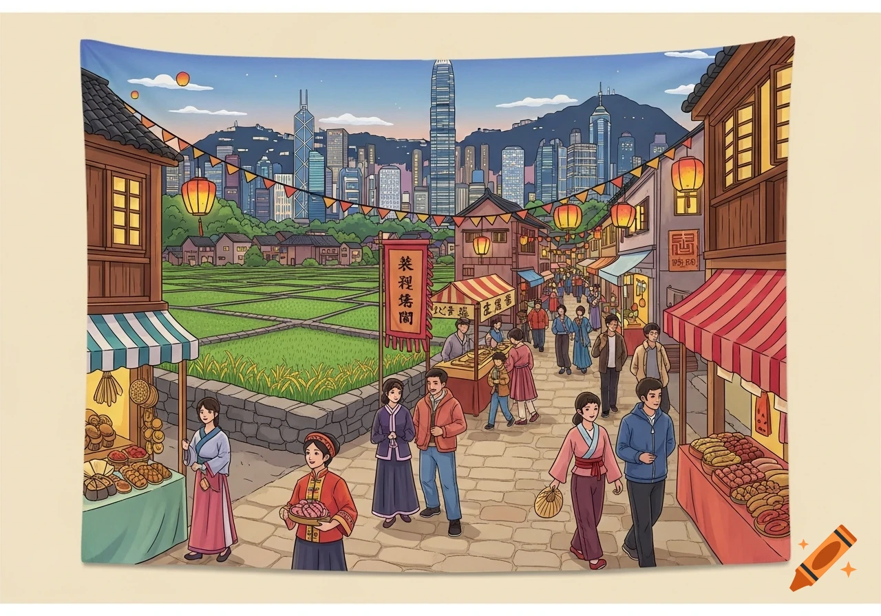 A vibrant cartoon illustration depicts a bustling street market with people and traditional buildings, rice paddies, and a modern city skyline.