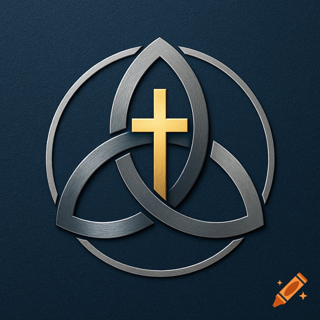 A gold Christian cross intertwined with a brushed silver Celtic triquetra symbol on a dark blue background.