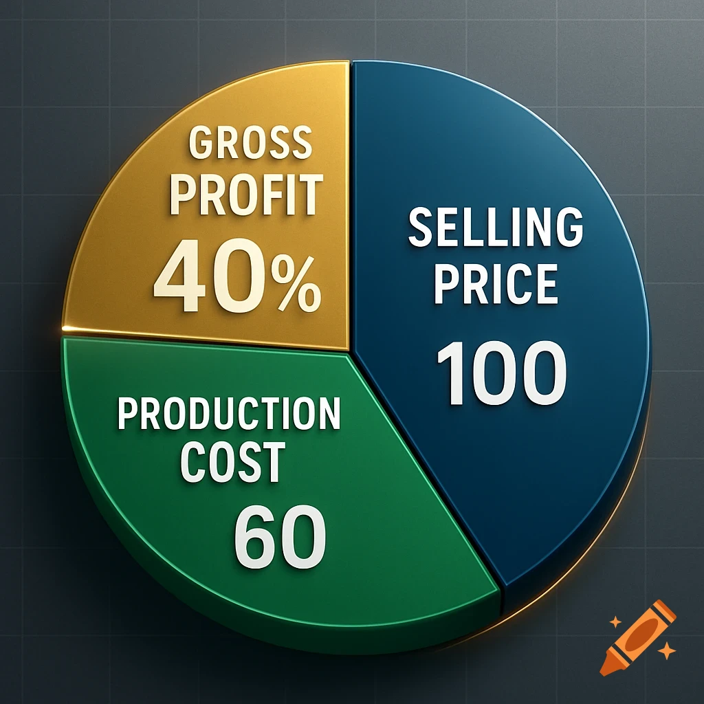 A 3D pie chart visualizing financial data, with segments for Gross Profit (40%), Production Cost (60), and Selling Price (100).