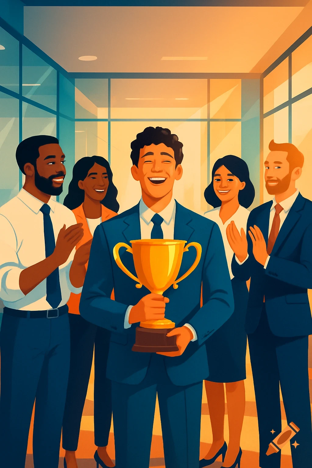 A diverse team of colleagues in an office applauds a man in a suit holding a gold trophy, celebrating his achievement in a flat illustration style.