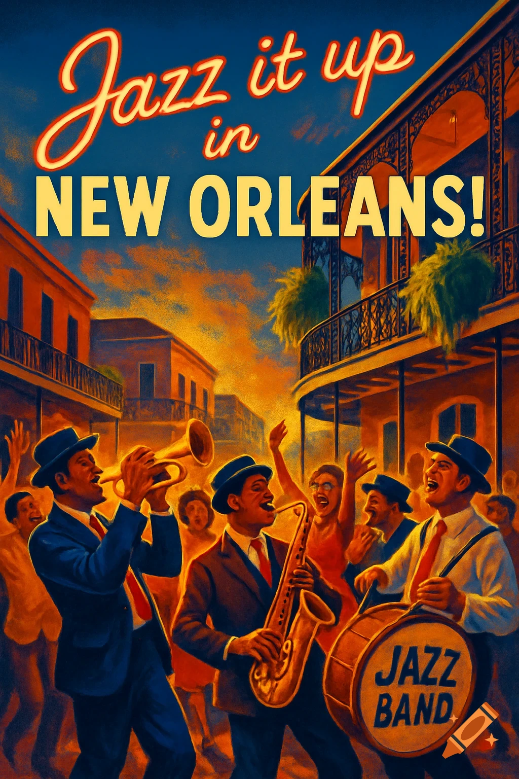 Vibrant stylized illustration of a jazz band playing on a lively New Orleans street, with text 'Jazz it up in NEW ORLEANS!'