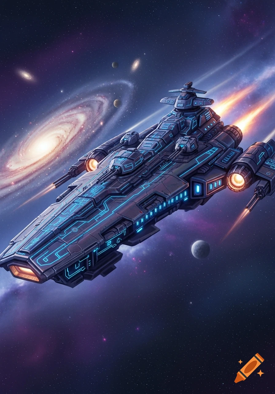 A detailed, futuristic combat spaceship with glowing blue accents flies through a starry galaxy with planets.