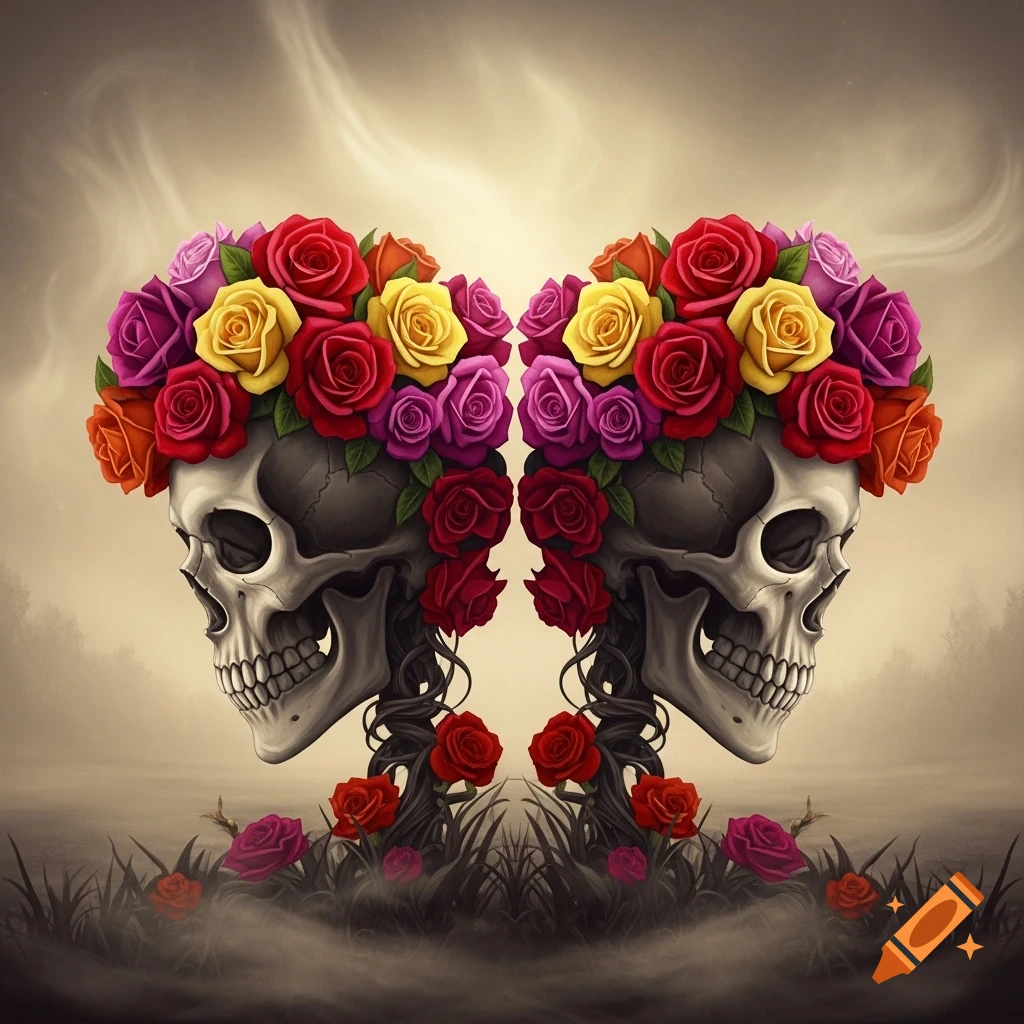 Two stylized skulls adorned with vibrant multi-colored roses as hair, facing each other in a misty setting.