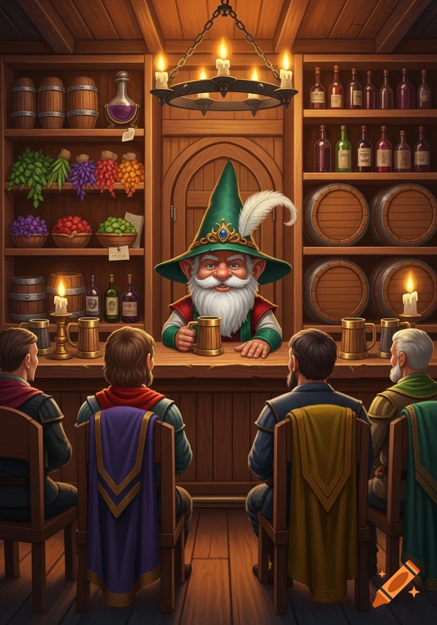 A gnome barkeeper in a green hat serves patrons at a fantasy tavern, with shelves of bottles and barrels in the background.