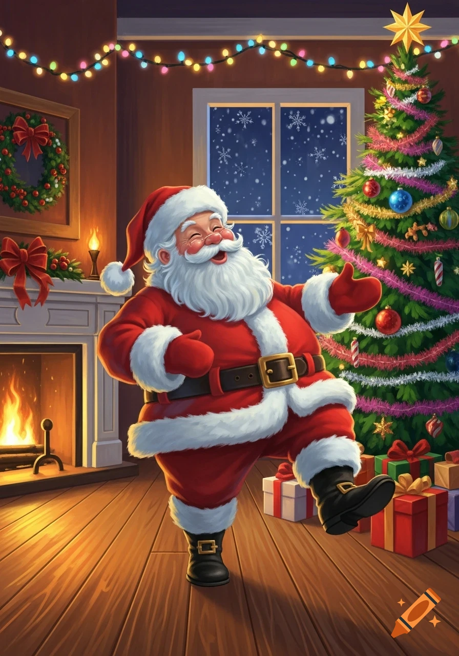 A cheerful, cartoon Santa Claus laughs and dances in a festive room with a decorated Christmas tree and a fireplace.