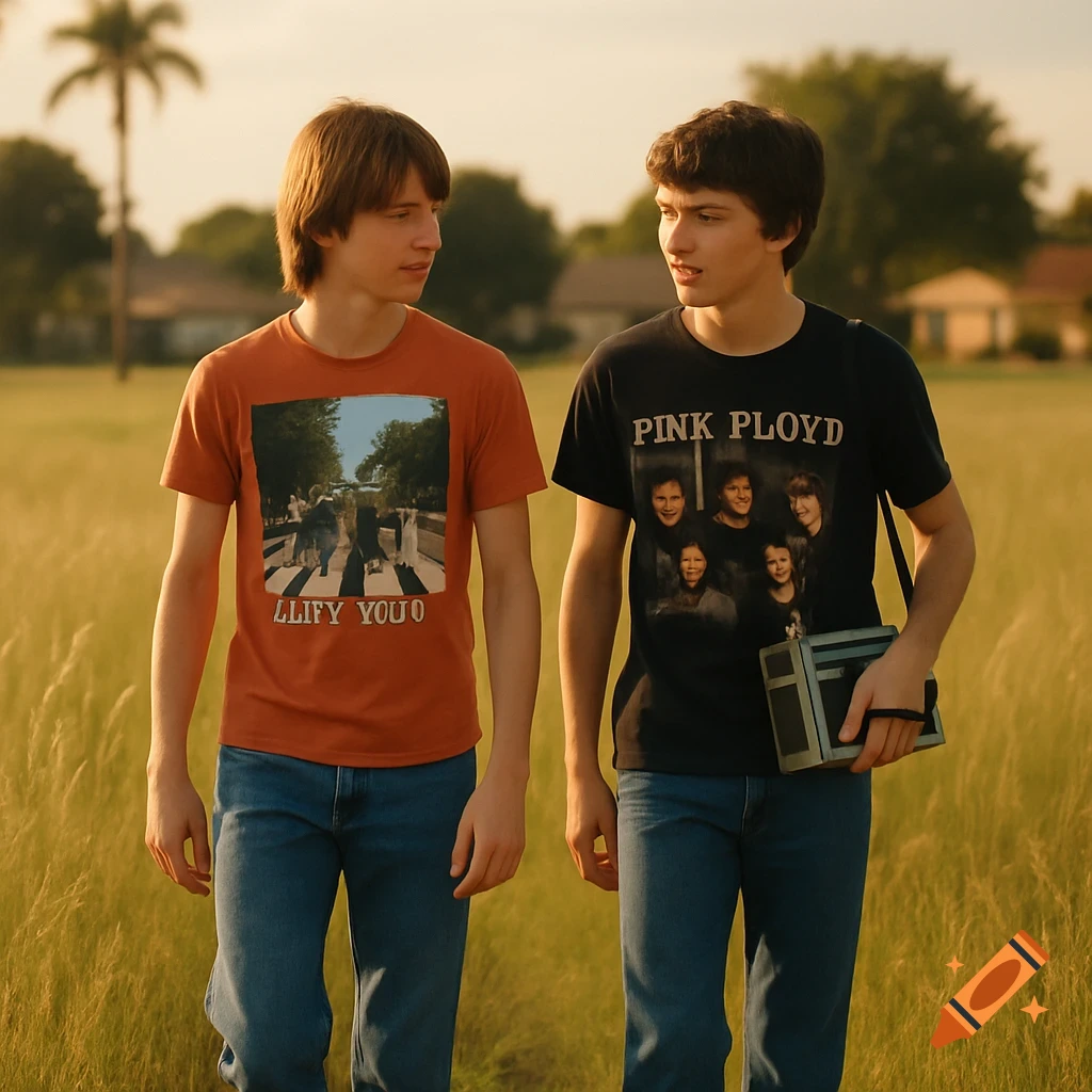 Two teen boys walk through a sunlit field. One wears an orange t-shirt with a garbled Beatles album cover, the other a black Pink Floyd shirt.