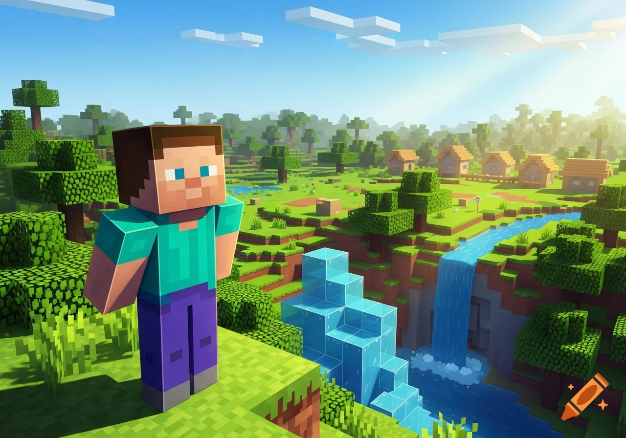 Blocky Minecraft character Steve stands in a vibrant, blocky landscape with trees, a river, a waterfall, and a village under a clear sky.