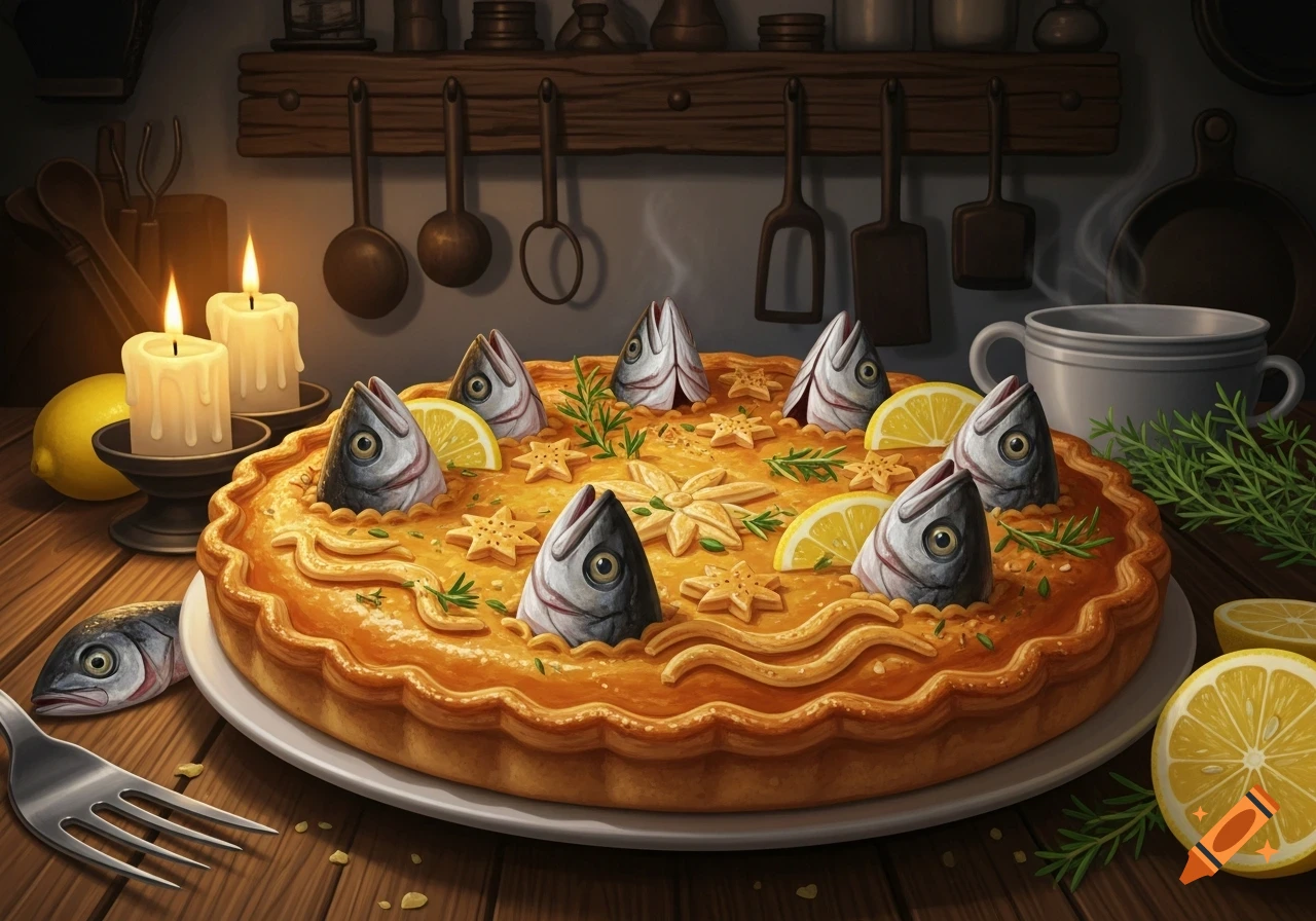 A golden Stargazy Pie with fish heads and lemon slices on top, decorated with herbs, on a wooden table lit by candles.