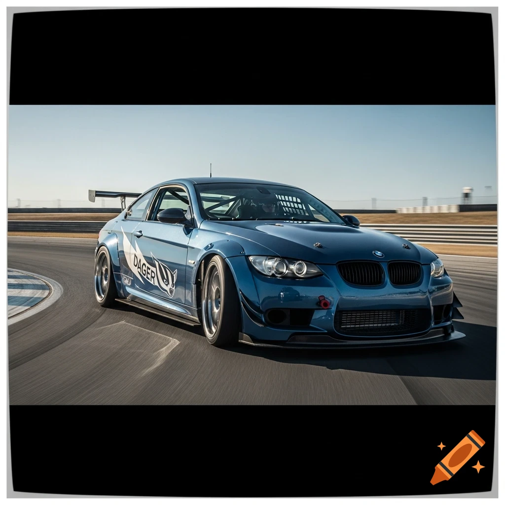 A blue BMW E92 track car, modified with aero kit and roll cage, speeding around a racetrack under a clear sky.