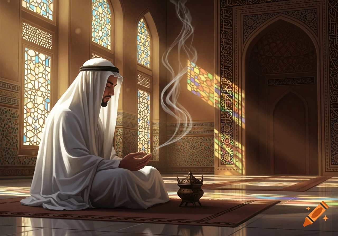 A man in white traditional attire kneels on a prayer mat in a grand mosque, with stained glass windows casting colorful light.