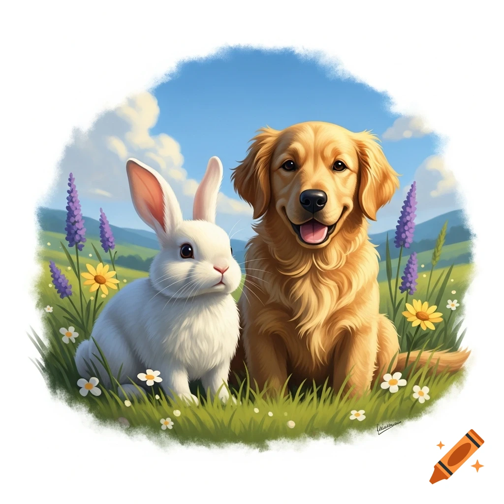 A white rabbit and a golden retriever sit together in a vibrant green field filled with colorful flowers under a bright blue sky.