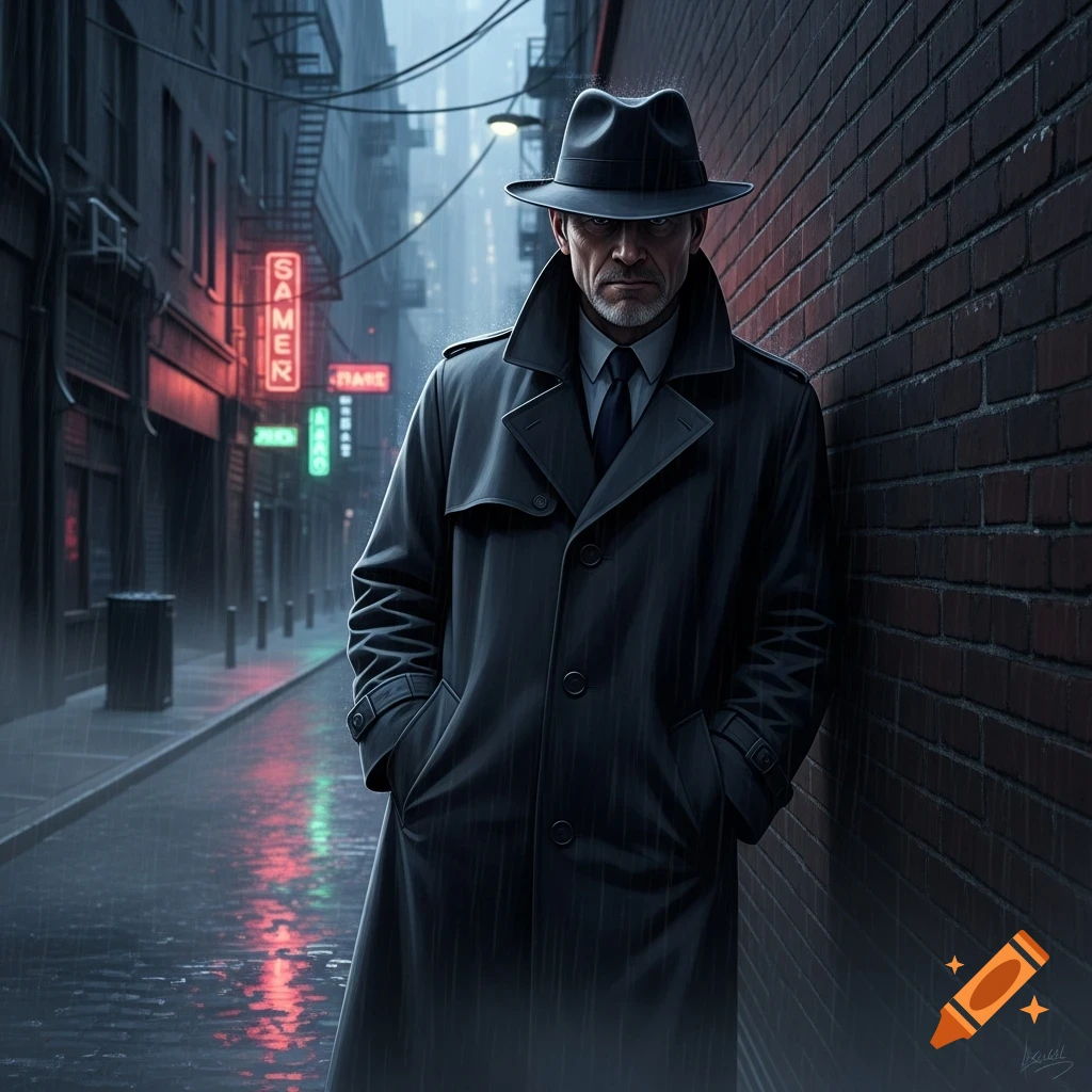 A serious man in a fedora and trench coat stands in a dark, rainy city alley with neon signs.