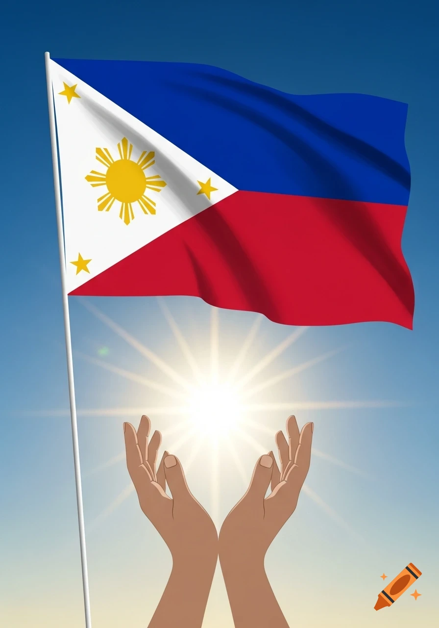 The Philippine flag waves in a clear blue sky above two upward-reaching hands holding a radiant sun.