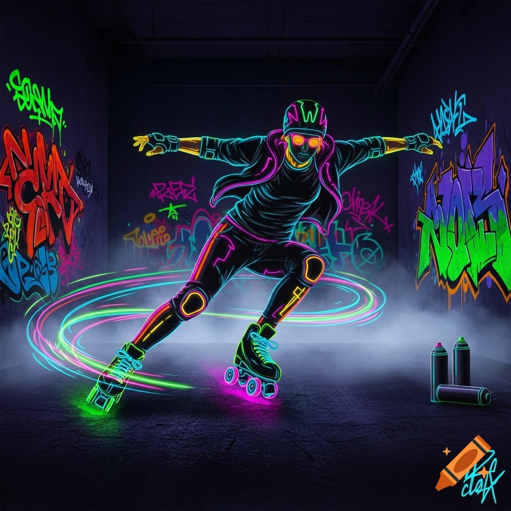 A neon-outlined person roller skating in a dark room covered in colorful graffiti with glowing light trails.