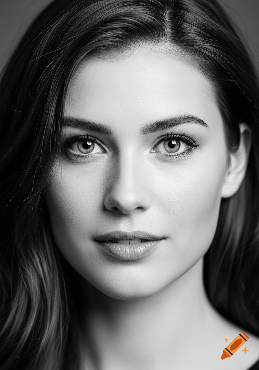 Black and white close-up portrait of a woman with long dark hair ...