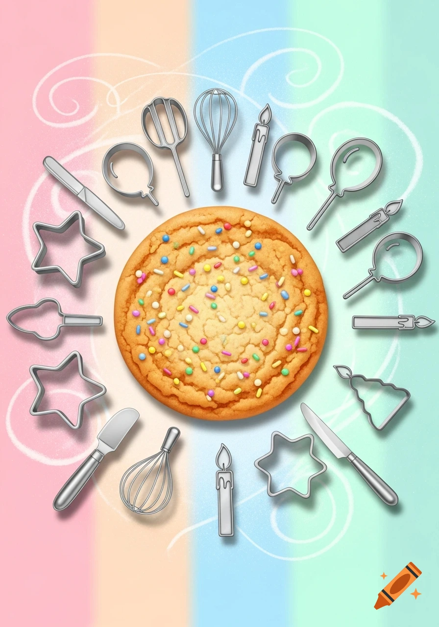 A sugar cookie with sprinkles surrounded by various baking utensils and birthday cookie cutters on a pastel rainbow background.