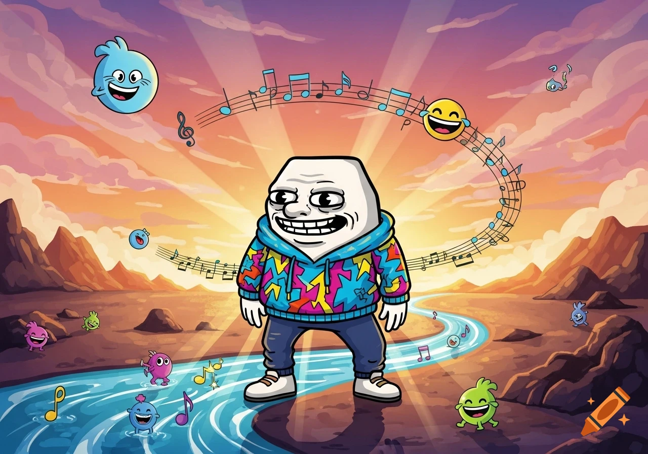 A cartoon trollface meme character in a colorful hoodie stands in a vibrant desert landscape with a river, surrounded by musical notes and cute blob creatures.