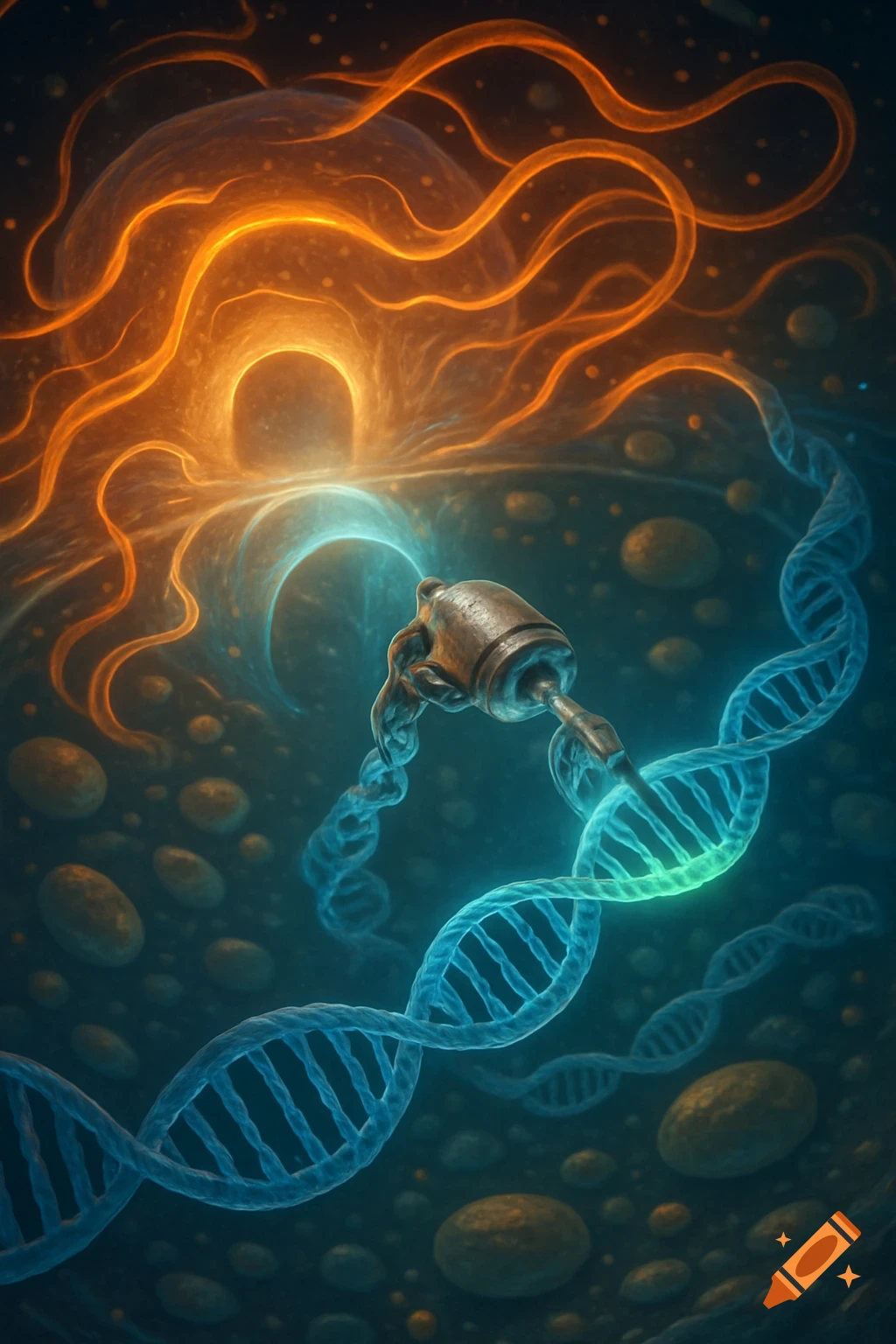 A mechanical device interacts with a glowing blue DNA strand amidst orange energy and cellular structures in a vibrant, abstract scientific illustration.