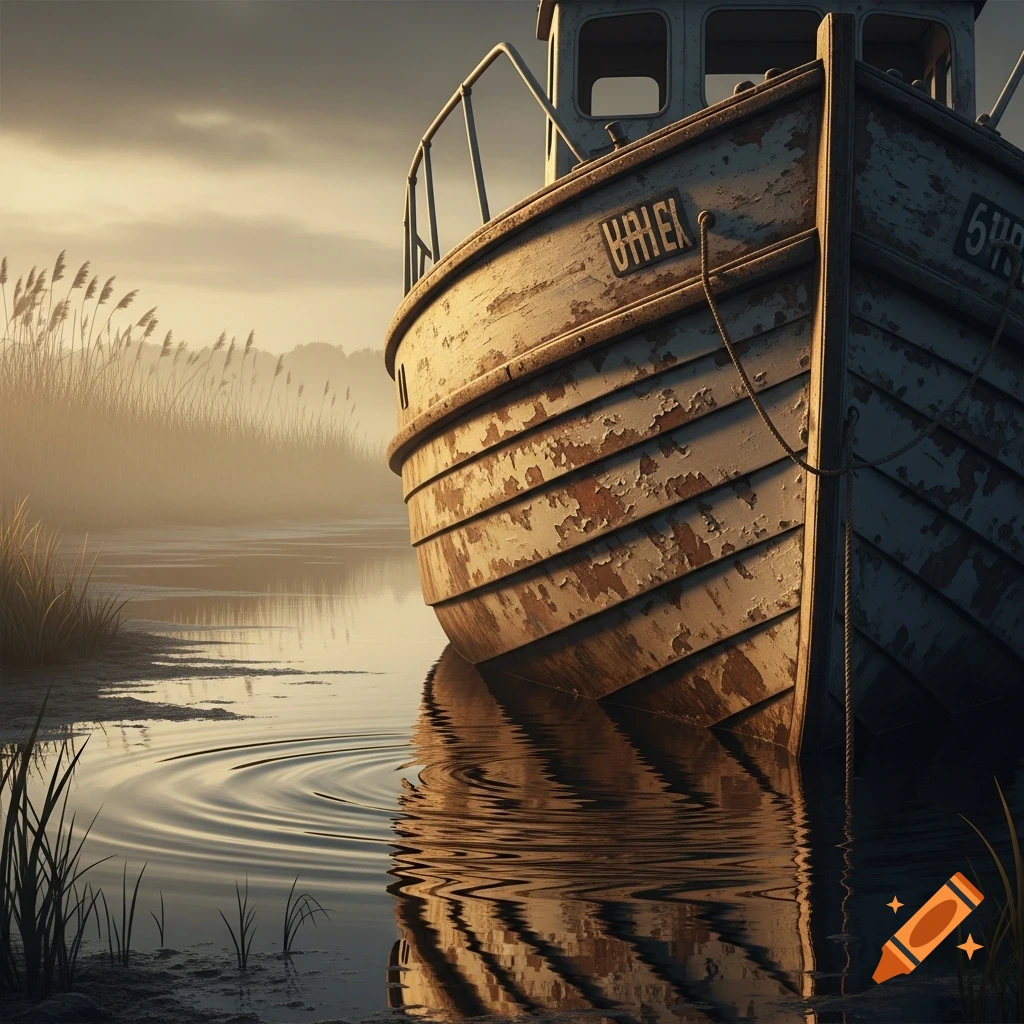 An old, weathered wooden boat with peeling paint partially submerged in calm water, with reeds in a misty, golden landscape.