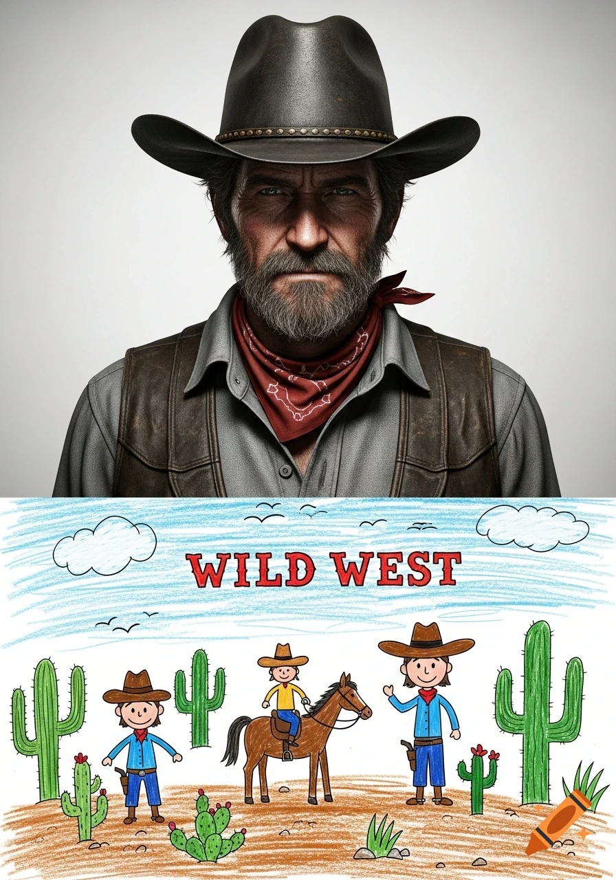 A bearded cowboy portrait above a child's crayon drawing of cowboys, cactuses, and the words WILD WEST.