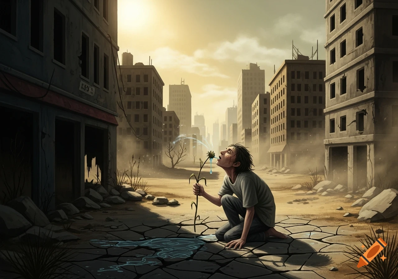 A gaunt person kneels in a destroyed, dry city, trying to squeeze water from a withered plant into their mouth. The sky is hazy yellow.