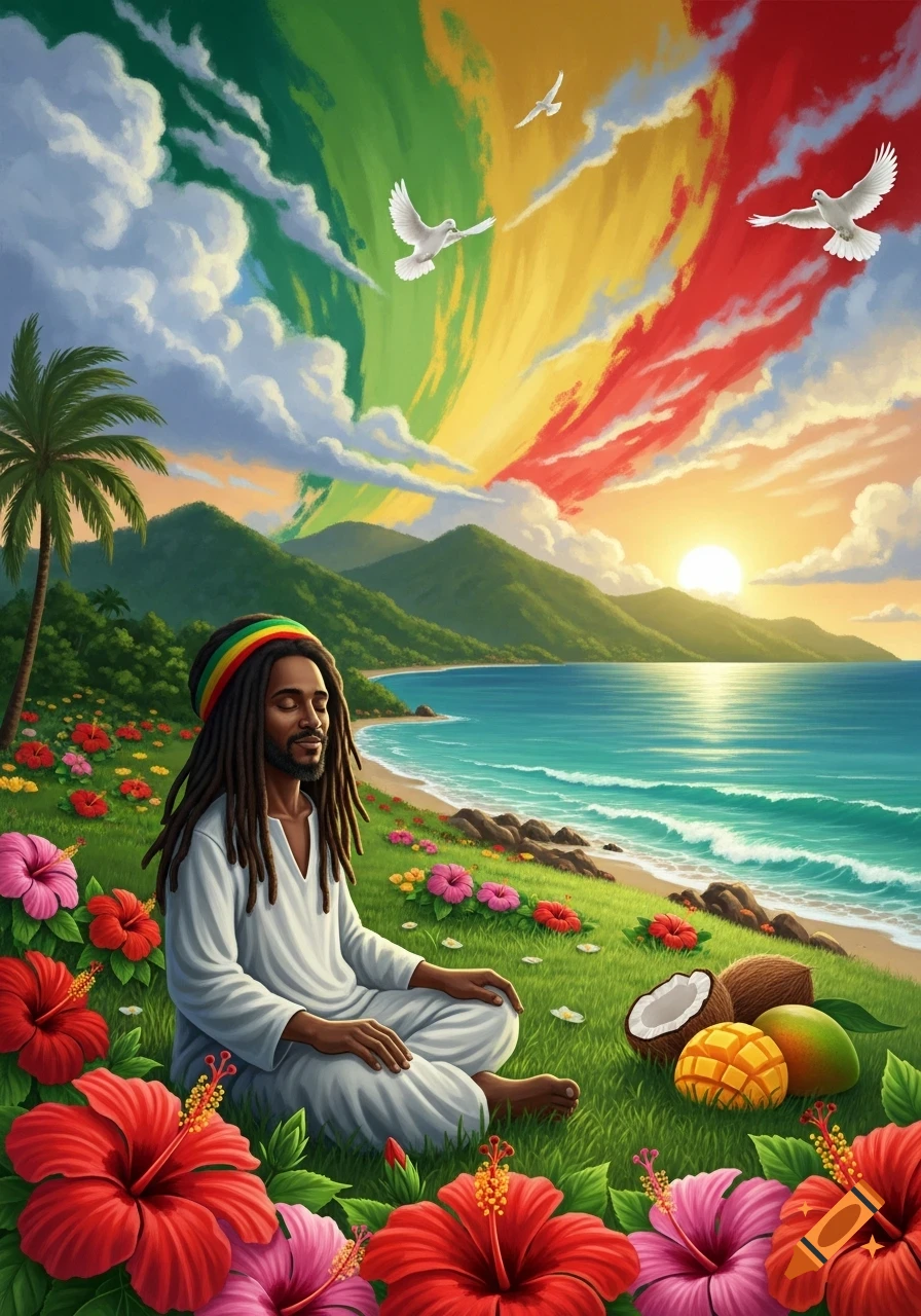 A man with dreadlocks and rasta headband meditates on a vibrant tropical beach with hibiscus flowers, palm trees, colorful sunset sky, and doves.