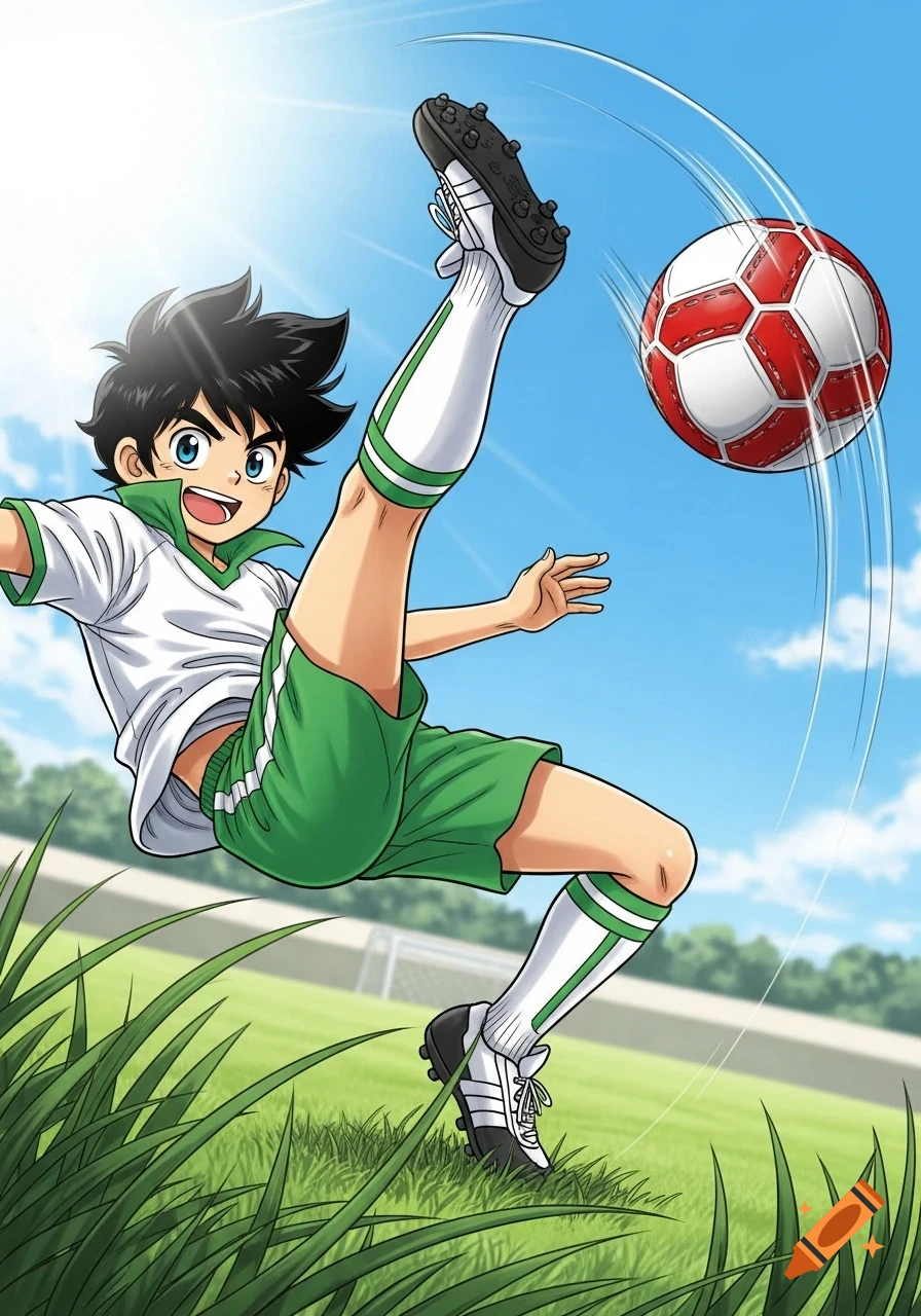 Manga style boy in a green and white soccer uniform leaping to kick a red and white soccer ball on a sunny field.