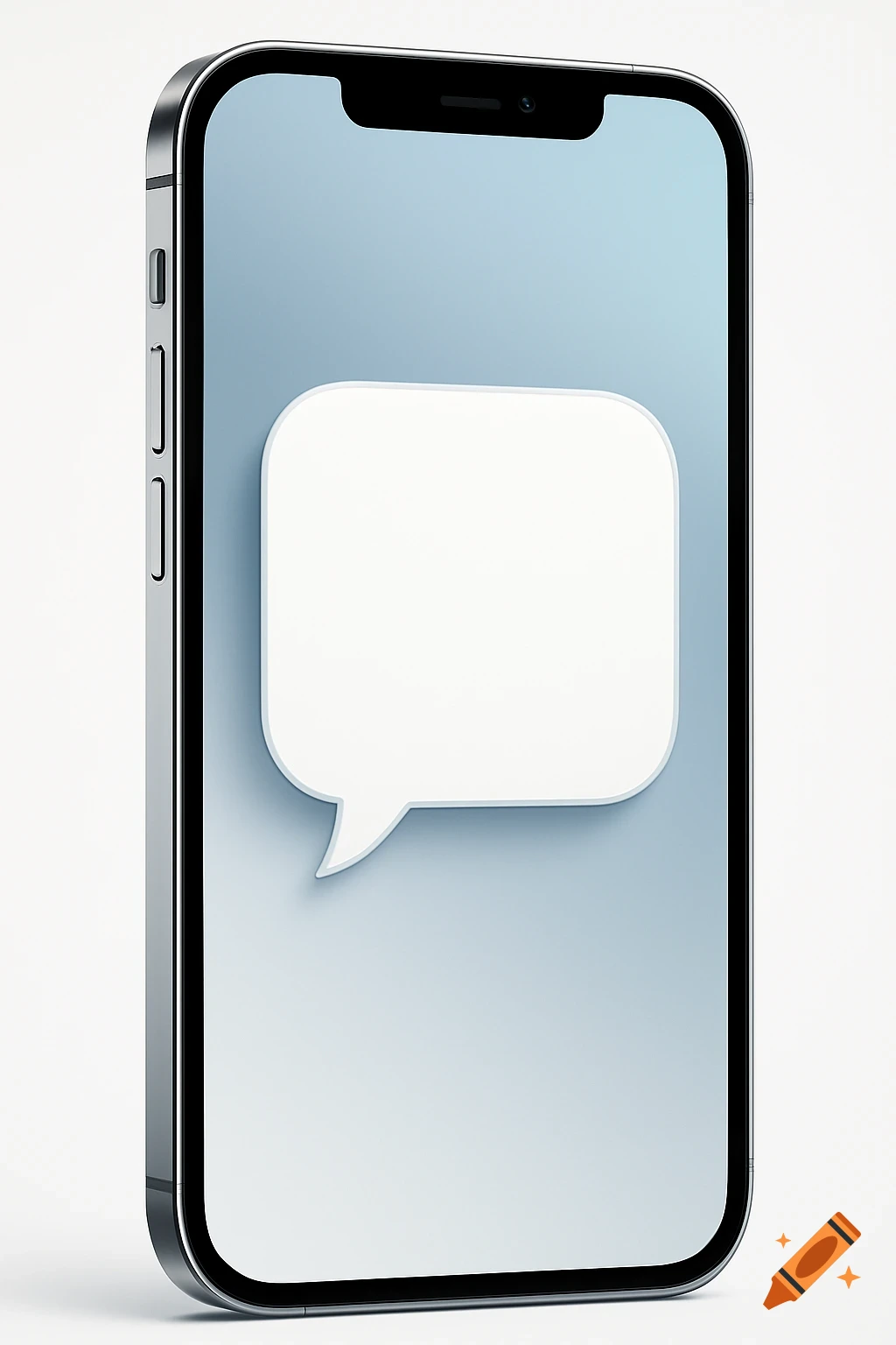 A modern smartphone with a blank white message bubble on its screen, set against a light background.