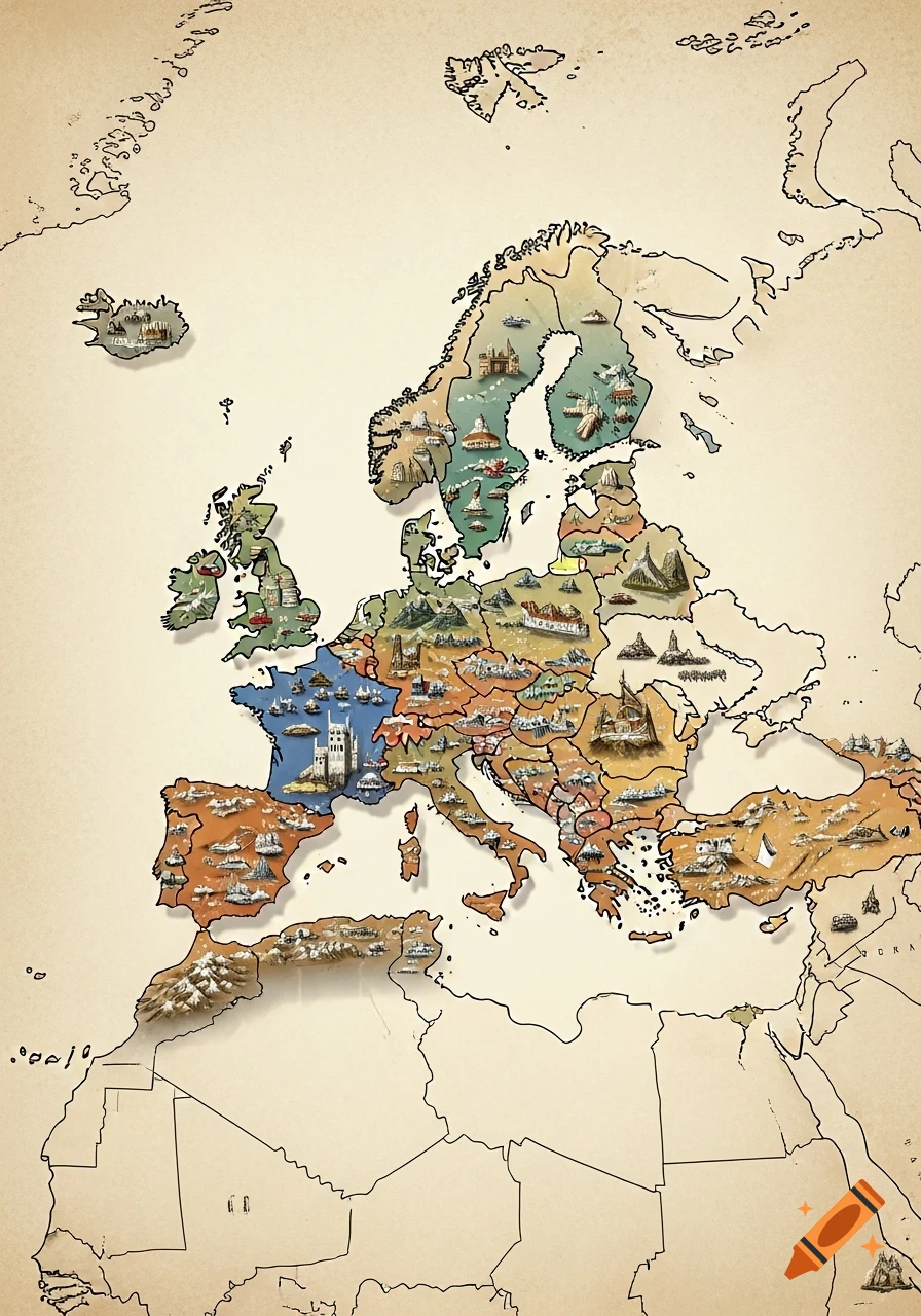 A stylized map of Europe featuring small illustrations of landmarks within each country on a vintage paper background.
