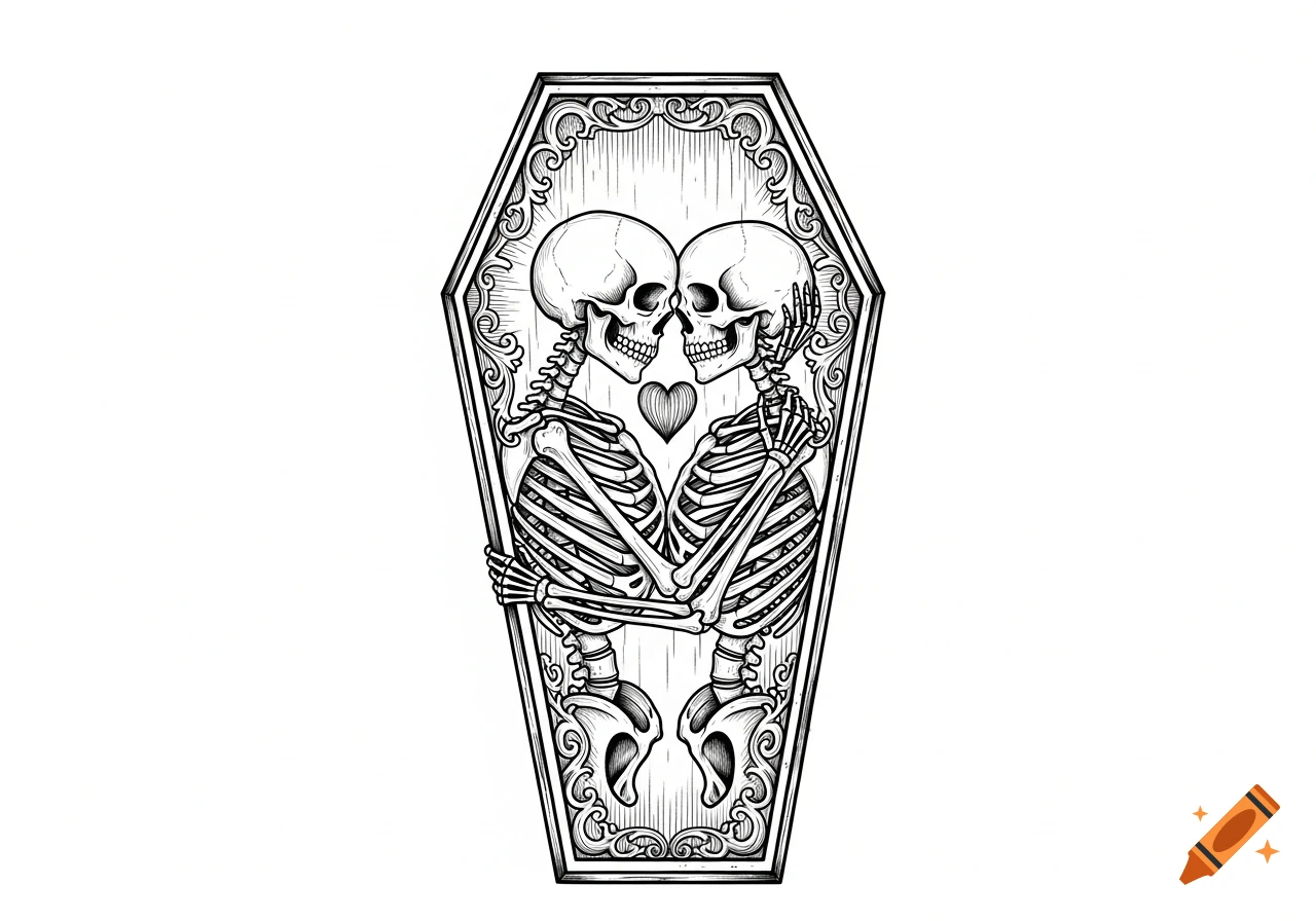 Linework illustration of two skeletons embracing and kissing inside an ornate coffin-shaped frame.