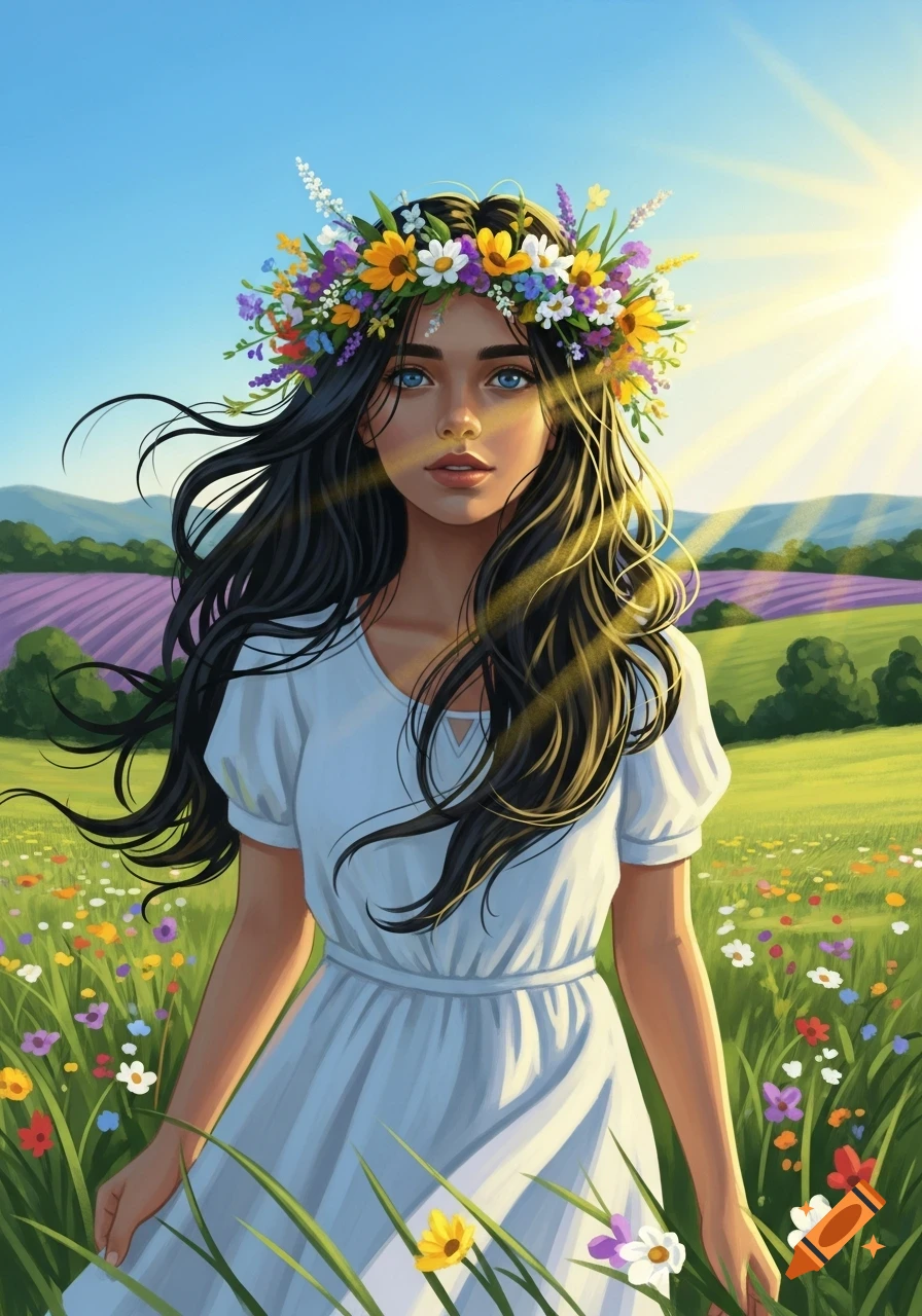 Stylized illustration of a girl with a flower crown and long dark hair ...