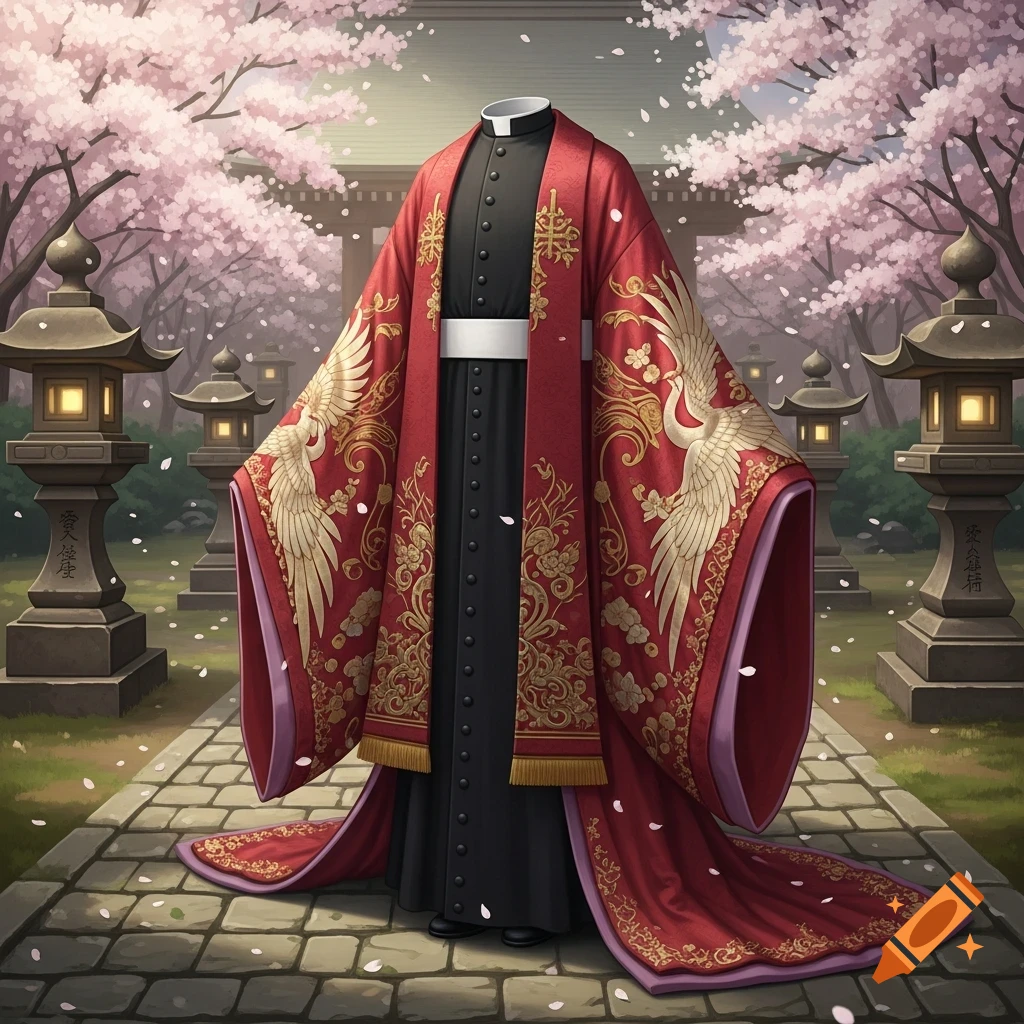 A red and gold kimono-cassock hybrid garment with crane patterns, in a cherry blossom Japanese garden.