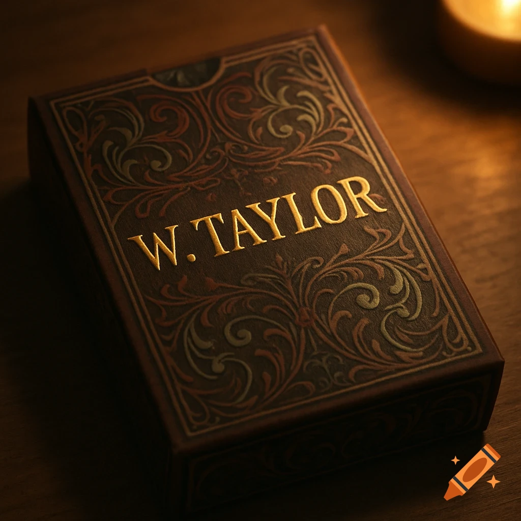 A close-up, dimly lit photo of a dark brown tuck-box with gold foil lettering reading 'W. TAYLOR' and intricate decorative patterns.