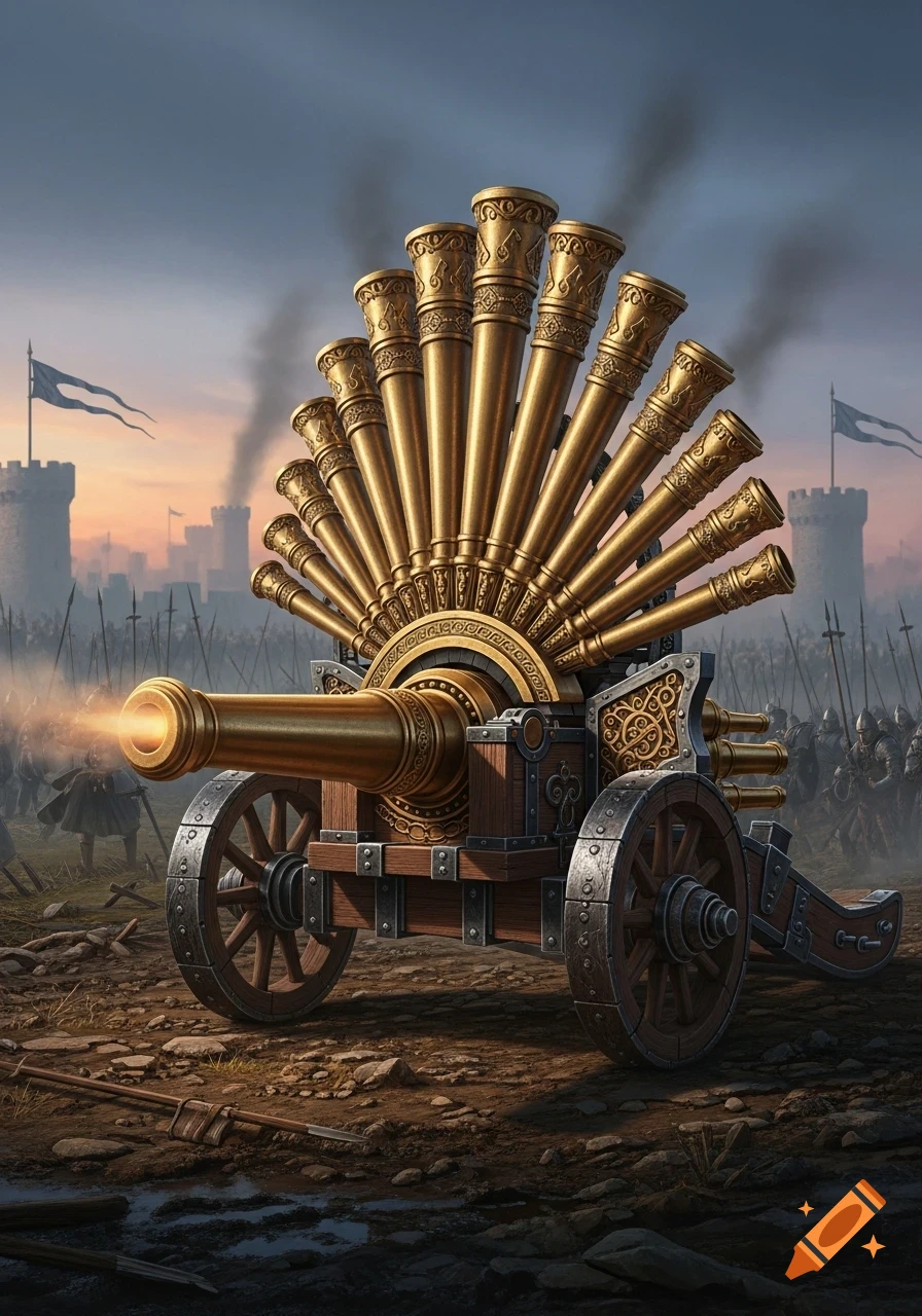 A highly detailed golden multi-barreled organ gun fires on a medieval battlefield with soldiers and castles in the background.
