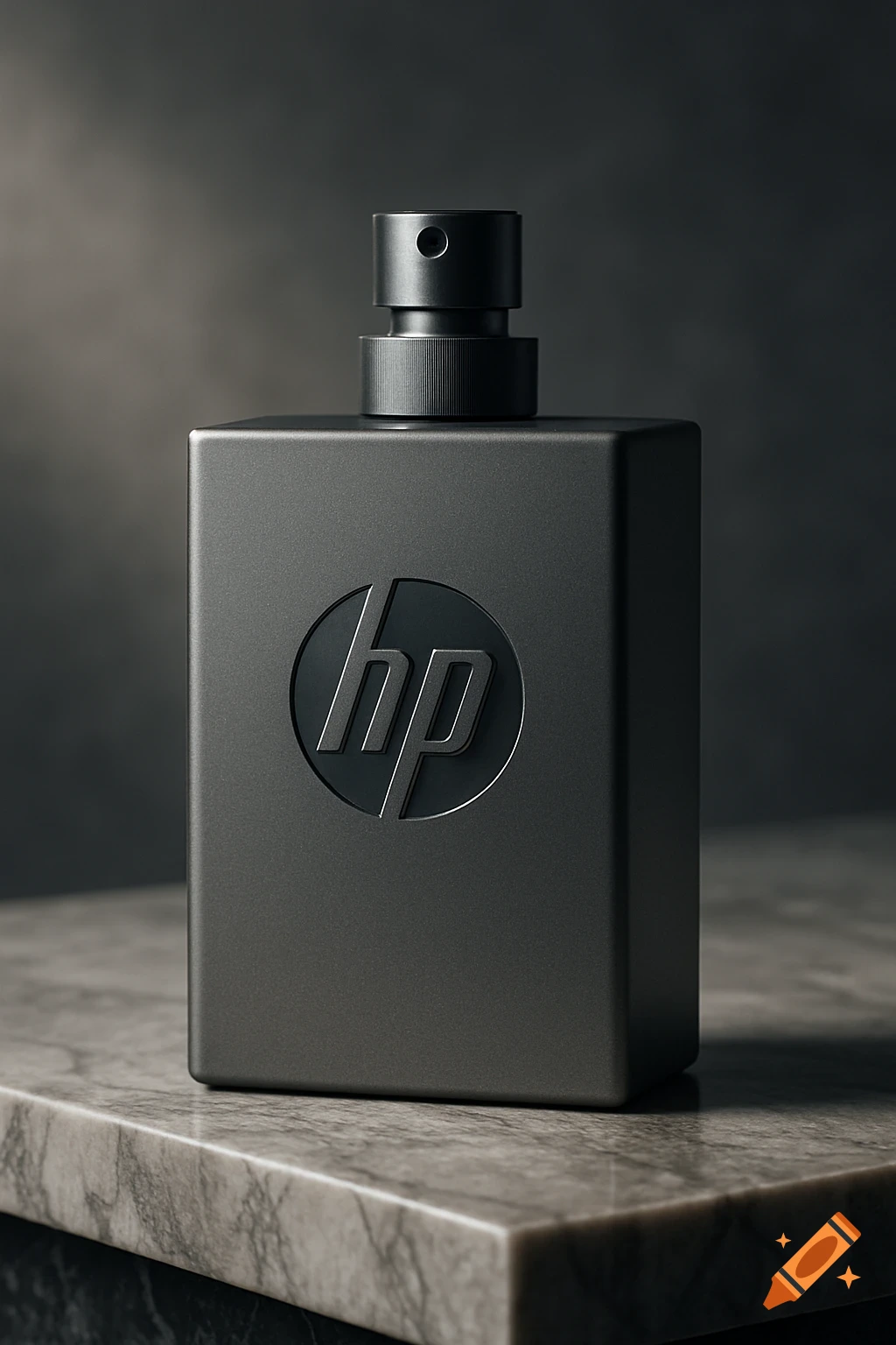 Photorealistic image of a dark gray rectangular perfume bottle with an embossed HP logo on a marble surface.