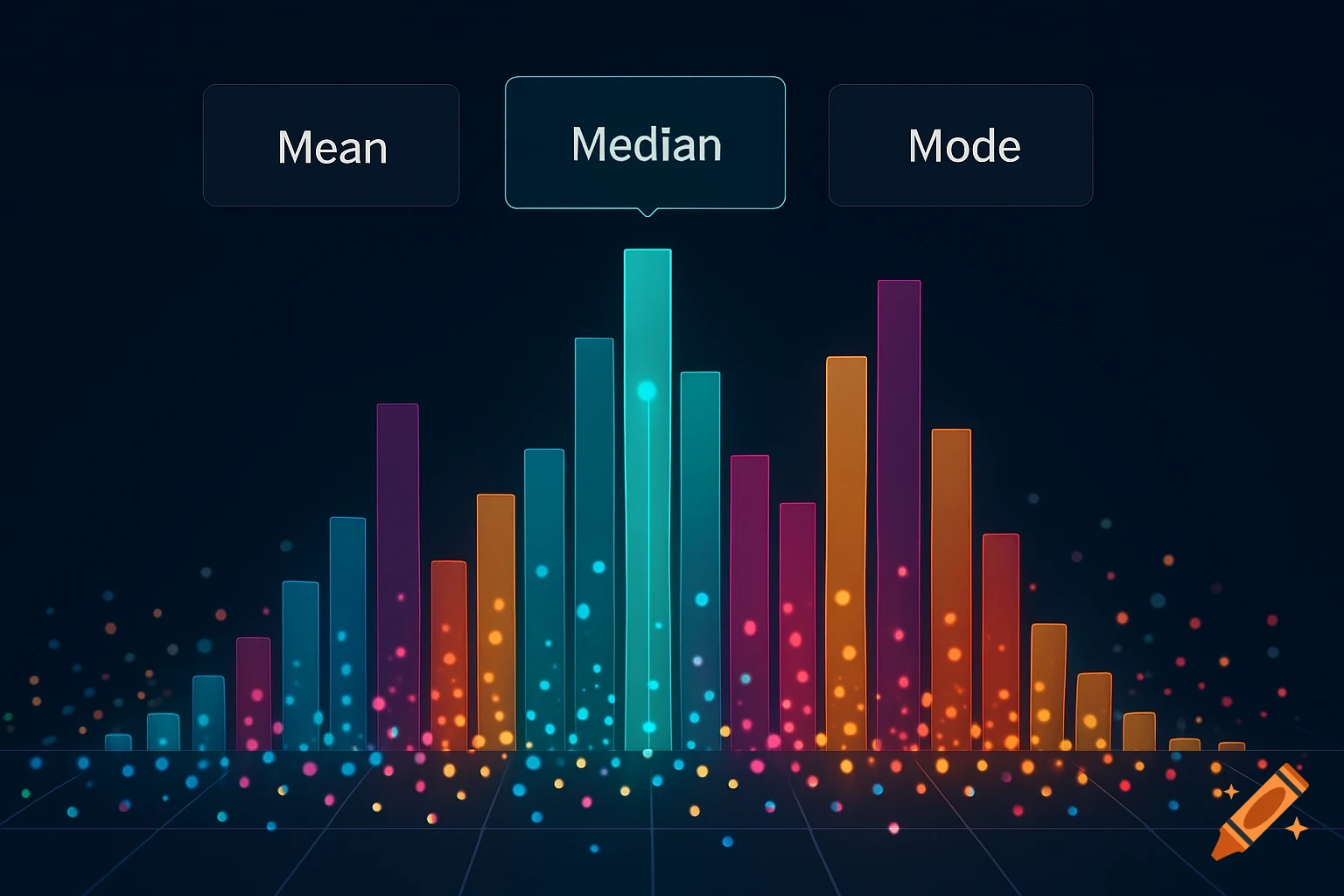 Colorful bar chart with glowing dots at the base, displaying "Mean," "Median," and "Mode" in boxes above.