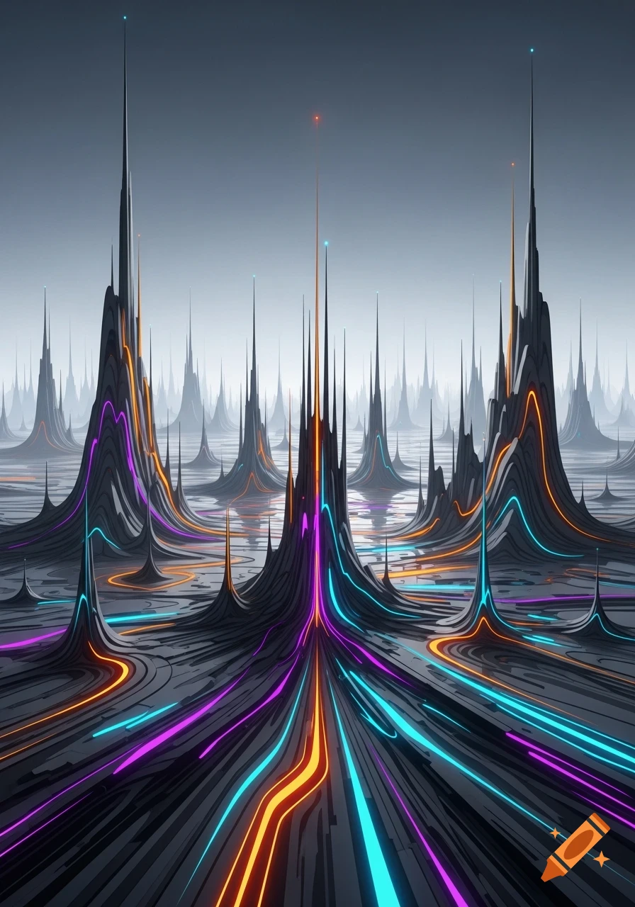 Abstract sci-fi landscape with dark, spiky formations and glowing neon lines of orange, pink, and blue traversing the ground.