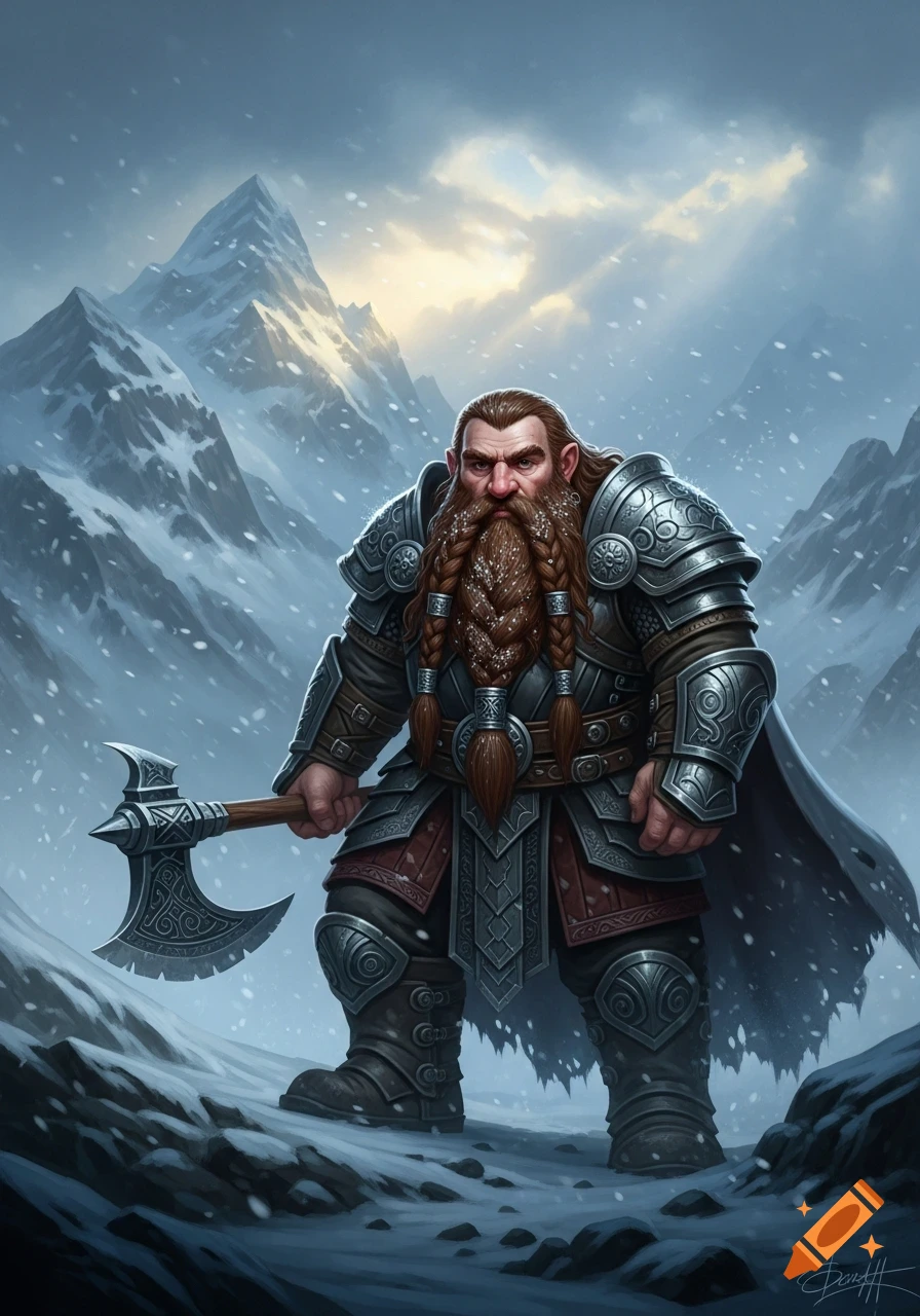 Heavily armored dwarf with braided beard and axe stands in a snowy mountain landscape.
