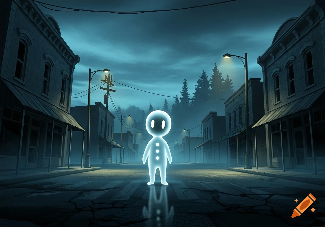 A glowing, translucent, blue-white figure with three dots stands in the middle of a dark, eerie small-town street at night.