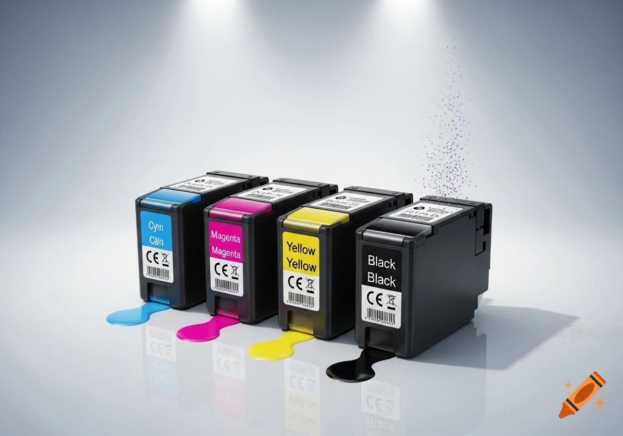 Four colorful printer ink cartridges, cyan, magenta, yellow, and black, with ink spilled below them and sparkling particles rising from the black cartridge.