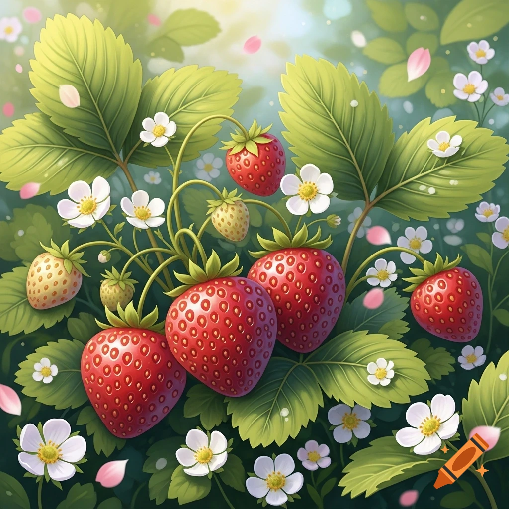 Vibrant red and pale green strawberries on leafy vines with white flowers and pink petals scattered in a soft, bright garden.