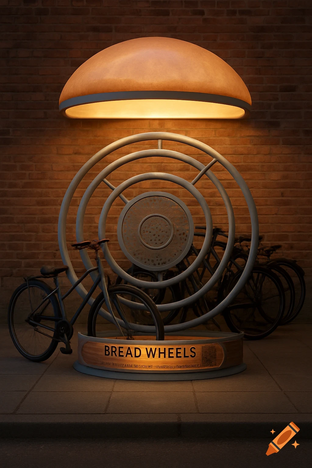 A bike stand concept named 'Bread Wheels' with a large light fixture above, casting warm light on a brick wall and a row of bicycles.