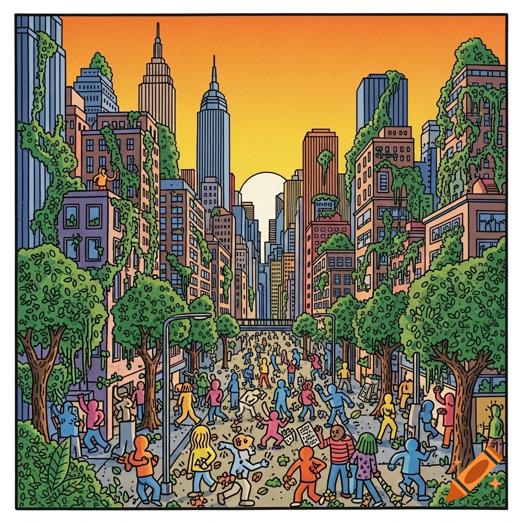 A colorful, cartoon-style illustration resembling Keith Haring's art, showing a vibrant city scene with buildings overgrown by nature at sunset, and a bustling street filled with stylized people.