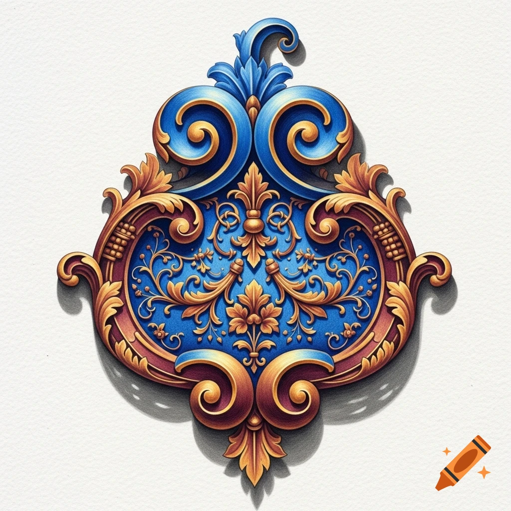 An ornate Baroque-style seal in blue, gold, and reddish-brown with intricate scrolls and floral motifs, drawn with colored pencils on a white background.