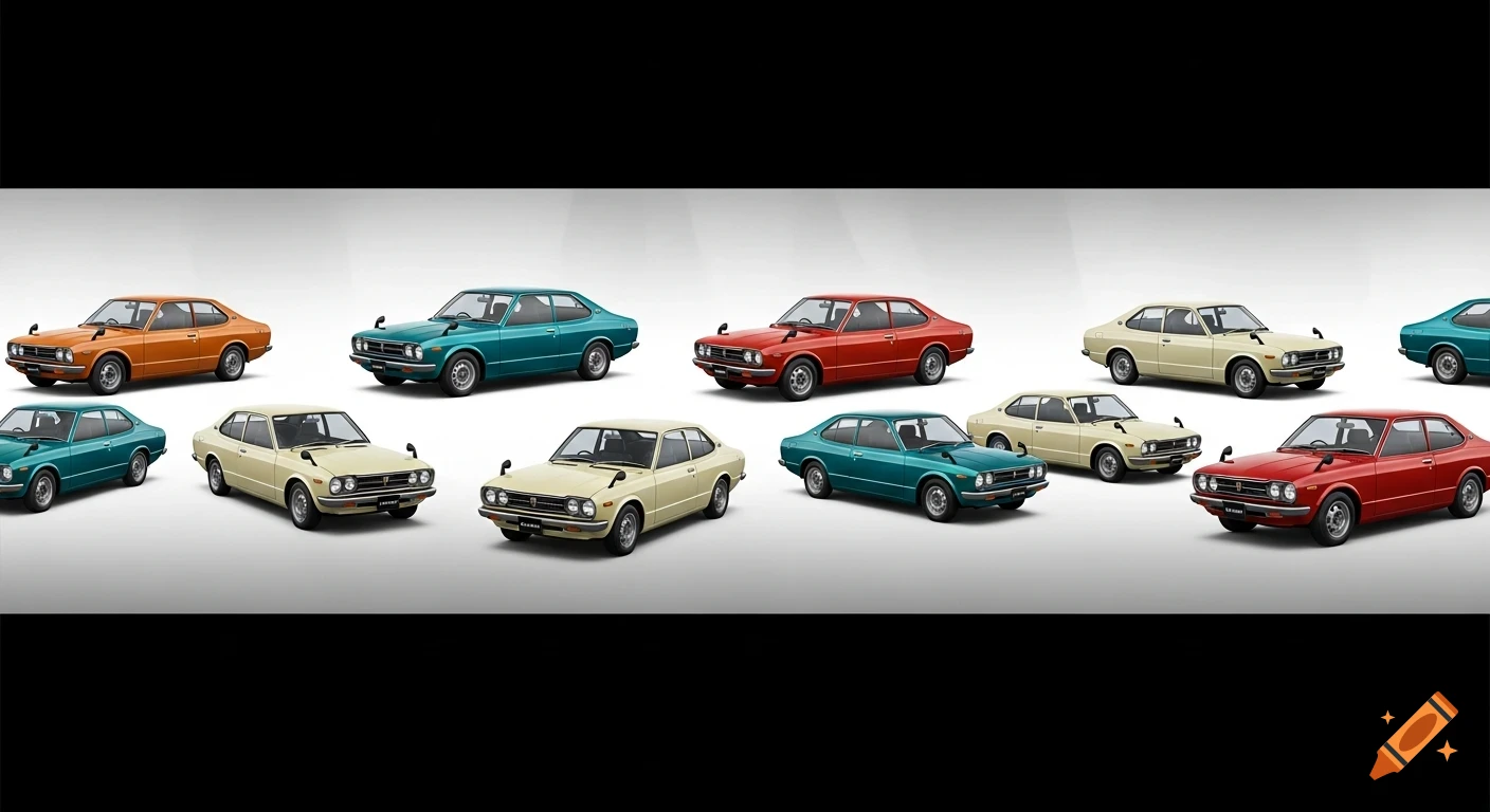 A collage of multiple vintage Toyota KE25 coupe cars in various colors, arranged in two rows against a light grey background with black bars.
