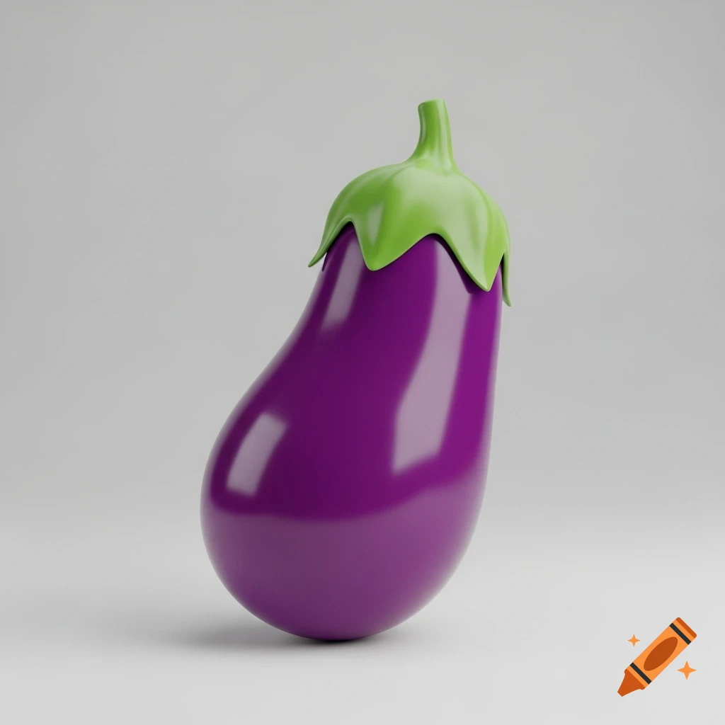 A shiny, stylized purple eggplant with a green stem, rendered in 3D against a plain white background.