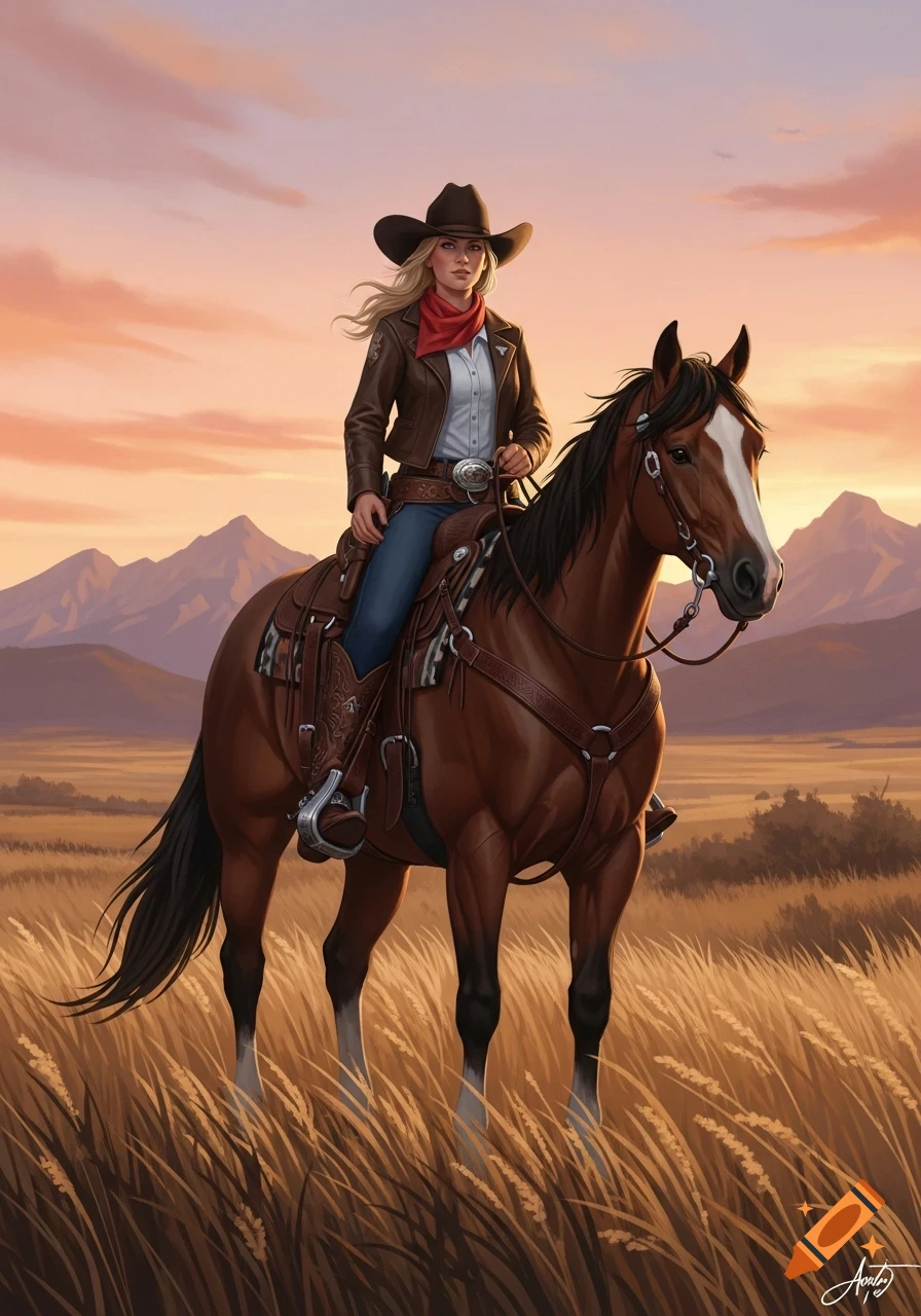 Digital painting of a blonde cowgirl in a brown jacket and red bandana, riding a brown horse in a golden field at sunset.