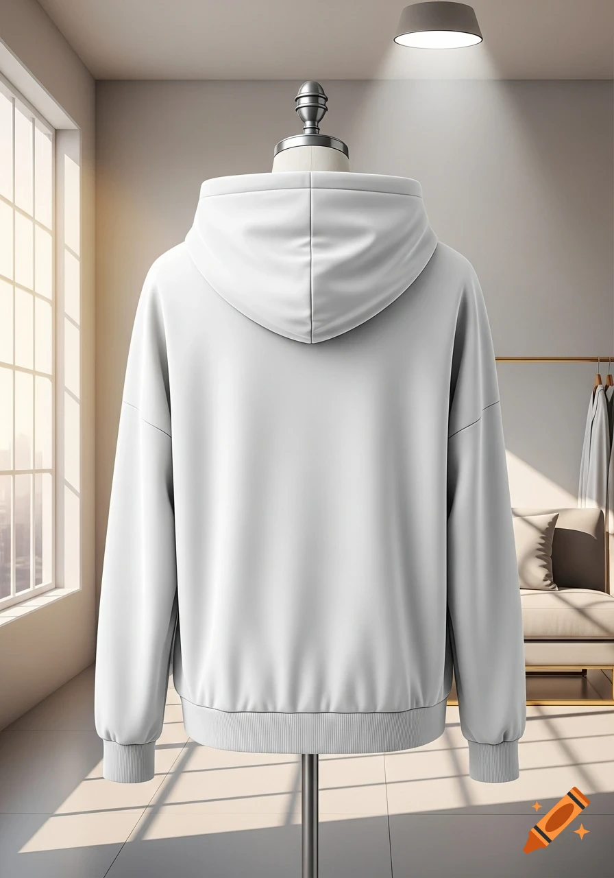 A plain white hoodie on a mannequin, seen from the back, in a modern, sunlit room with a window. Photorealistic.