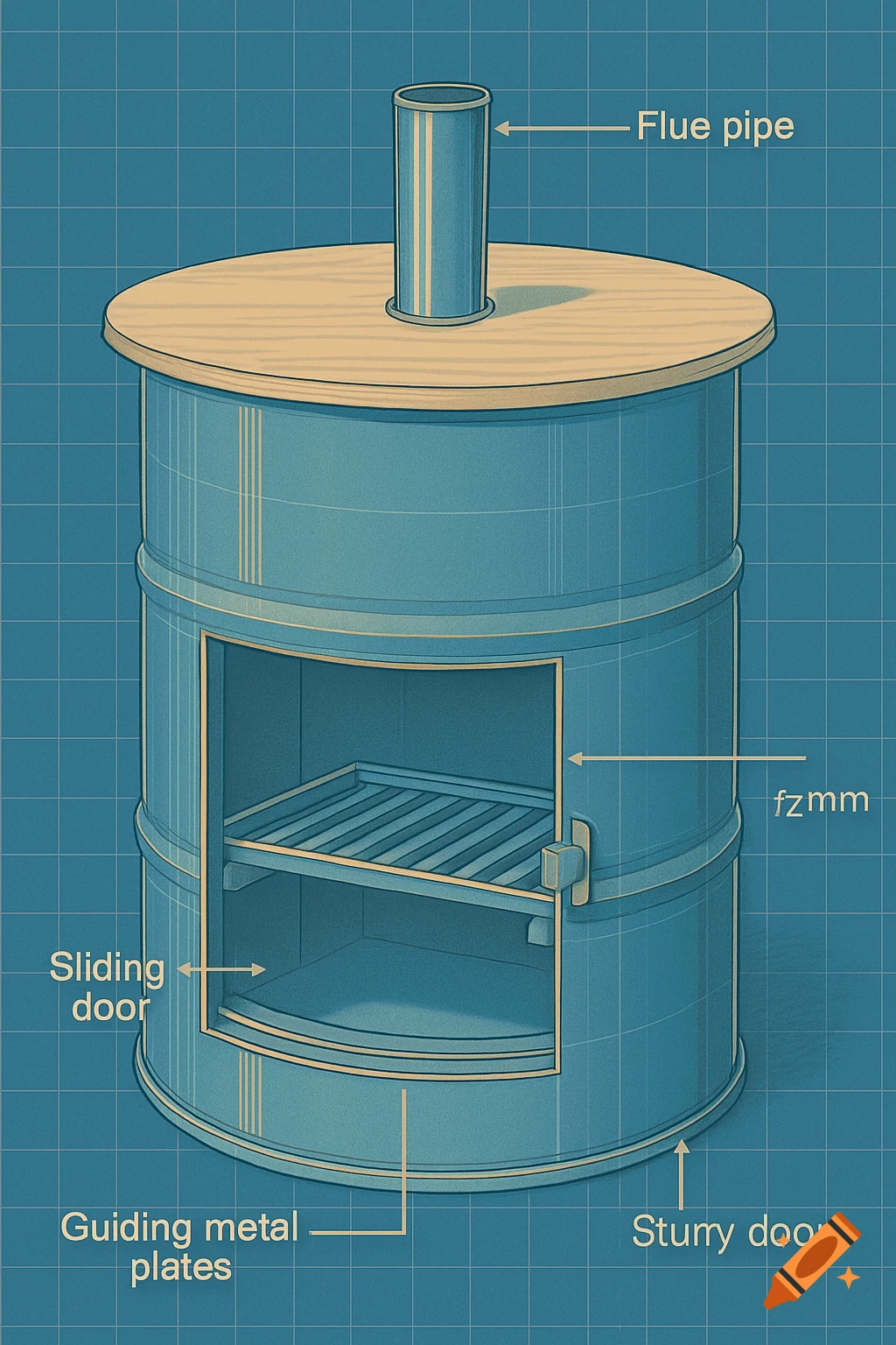 Blueprint-style illustration of an oil barrel converted into a fire pit with a sliding door, internal grate, and flue pipe, labeled with parts.