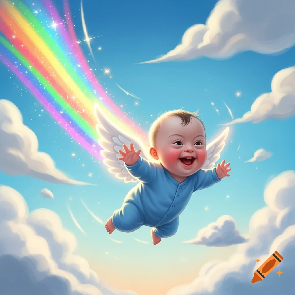 A cheerful baby with Down syndrome and white wings flies happily in a blue sky with white clouds, leaving a bright rainbow trail behind.